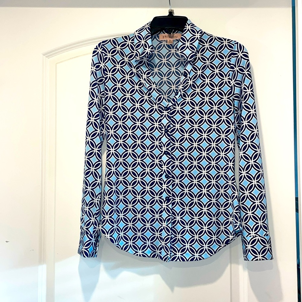 Geometric Patterned Blue Women's Button Down Top, Super soft and comfy!